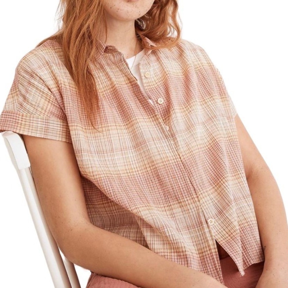 Madewell Hilltop Plaid Short Sleeve Button Up Shirt Women Size M‎ Red Tan Gauzy
